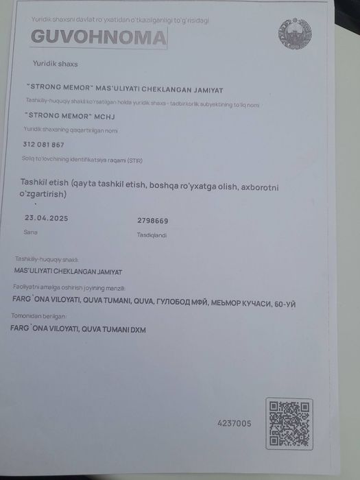 MChJ Firma sotiladi