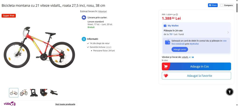Bicicleta VidaXl Mountain Bike Adulti Copii Unisex Montana DHS Decathlon Electrica Shimano Rosie Rosu Drumetii