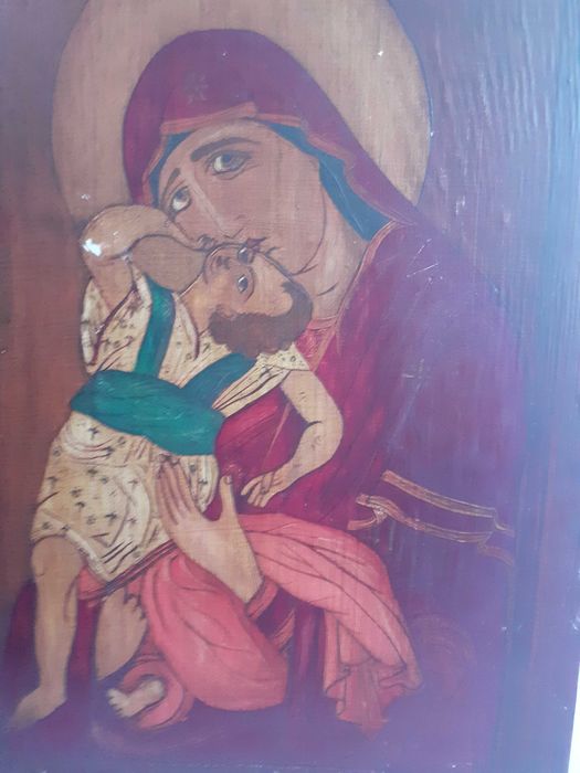 icoana veche pictura pe lemn Arhanghelul Gavriil si Fecioara Maria