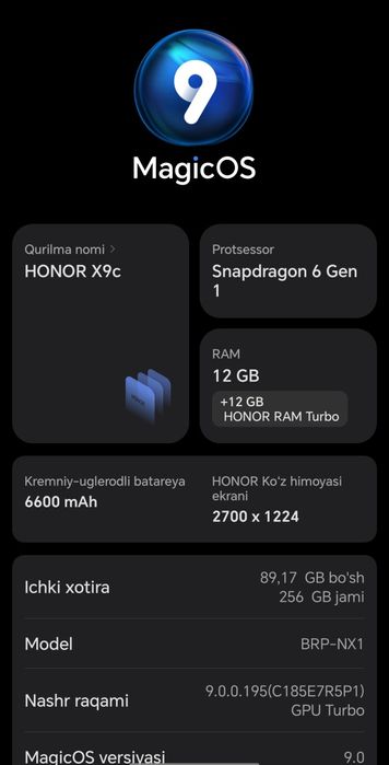 Honor x9c 6600mah 12/256Gb