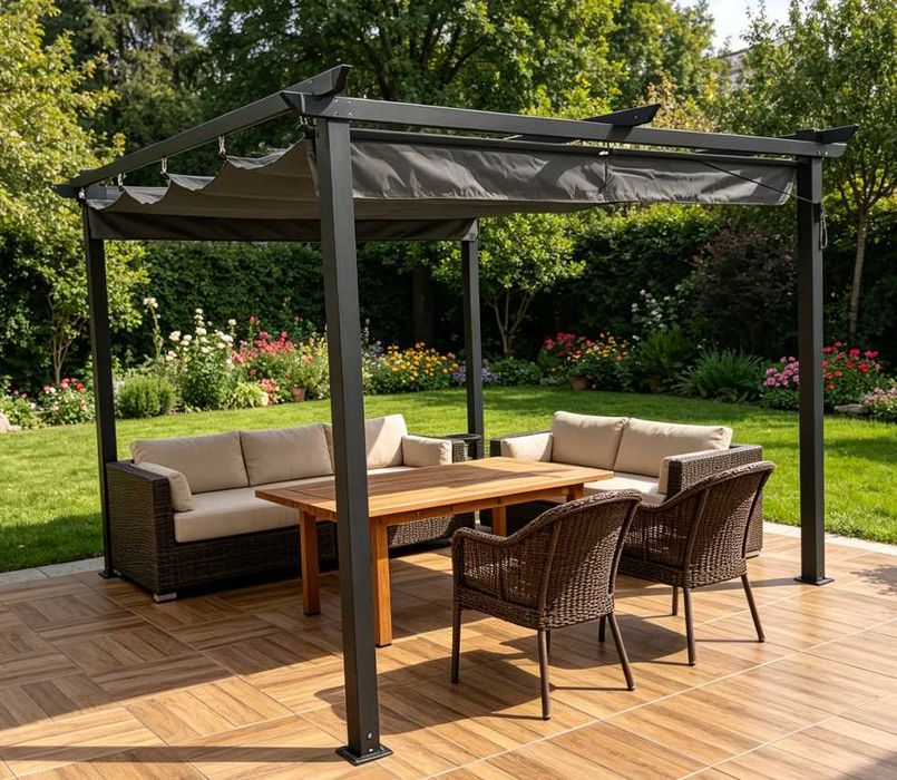 Pergolă Aluminiu cort 3×3 m cu Acoperiș Textil Retractabil, Cadru Metalic Vopsit în Câmp Electrostatic Model YS-1007-E