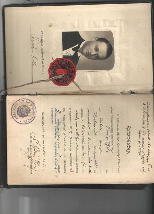 Diploma cu sigiliu de ceara Agronomia Kolozsvar 1941, 1943