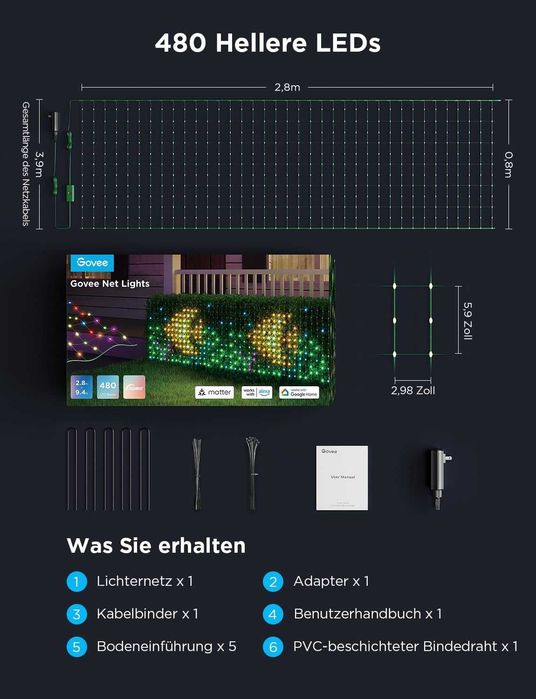 Govee Мрежа за феи за храсти с 480 светодиода, 0.87 x 2.9 м завеса