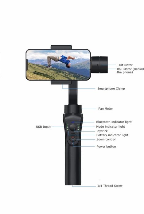 Стабилизатор за телефон, Gimbal Stabilizer, 3-осов, Черен