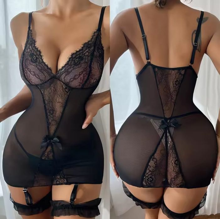 Costum sexy Lenjerie intima sexy cu portjartiere Rosu sau negru