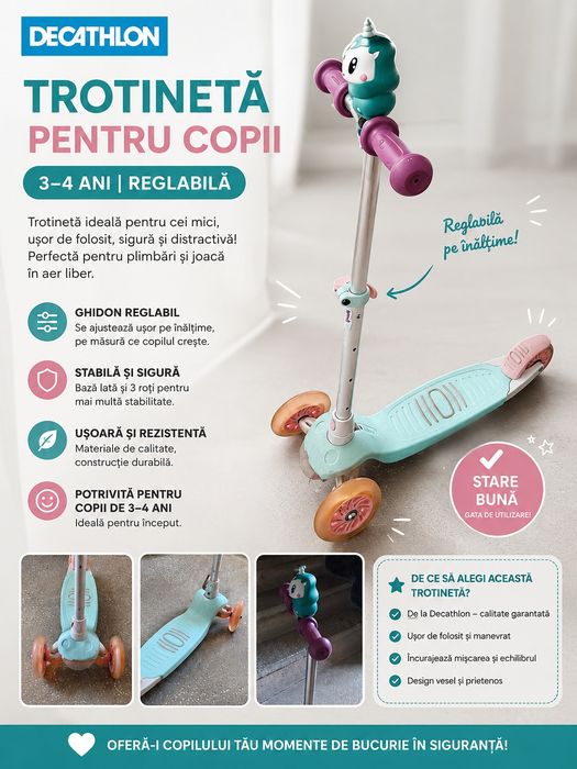 Trotinetă pentru copii Decathlon reglabilă 3 roți stare foarte bună ideală pentru copii de 3 4 ani stabilă ușor de folosit pentru exterior