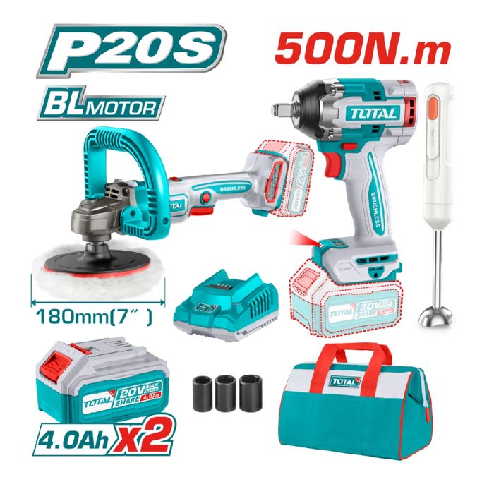 КОМПЛЕКТ Акумулаторен ударен гайковерт и полирмашина TOTAL, 2 X 4 AH