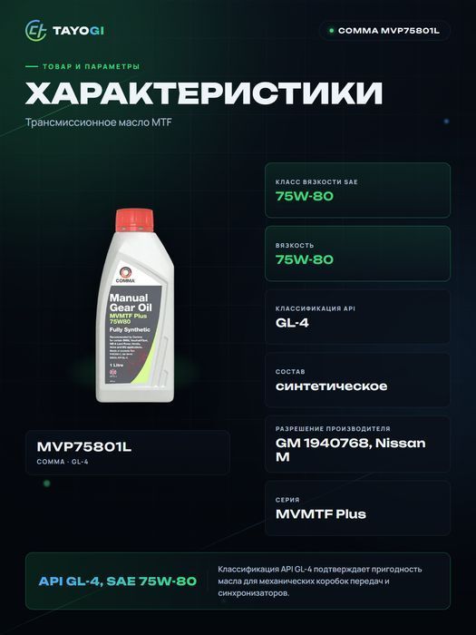 Трансмиссионное масло Comma Mvmtf Plus 75W-80