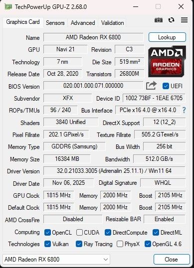 Placa video Amd RX 6800 16GB XFX SWFT 319