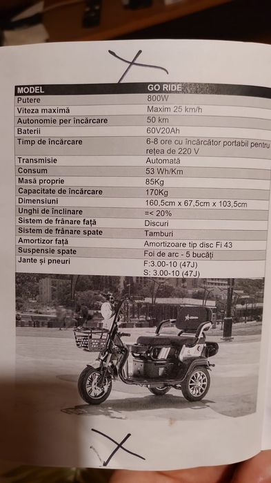 Scuter electric de 2 persoane-GARANTIE-! 3 roti 800W – autonomie 50km – fara permis – ideal oras / livrari / seniori