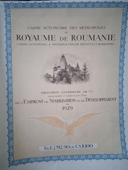 2552 Franci Aur 1929 Titlu de Stat Royaume Roumanie  obligatiune bond neincasate cu cupoane si dobanda