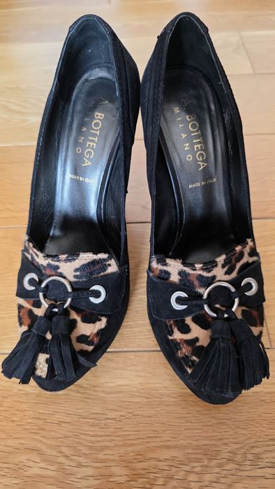 Кожени италиански обувки с ток и  кожа от пони с животински принт