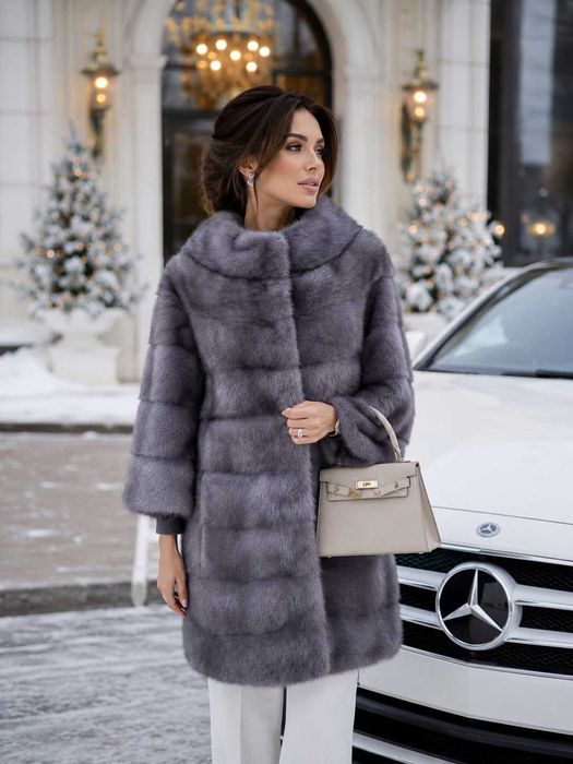 Haină de Nurcă Naturală Premium , Vizon , Blană de Lux , Culoare Exclusivă Gri , Mărime L–XL