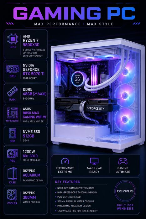 4K MONSTER Ryzen 7 9800X3D/RTX 5070ti 16GB/ DDR5 48GB