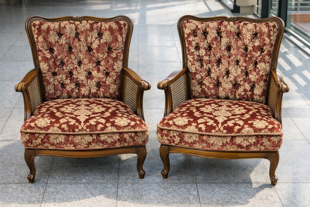 Set canapea 3 locuri + 2 fotolii vintage, lemn masiv, stil clasic