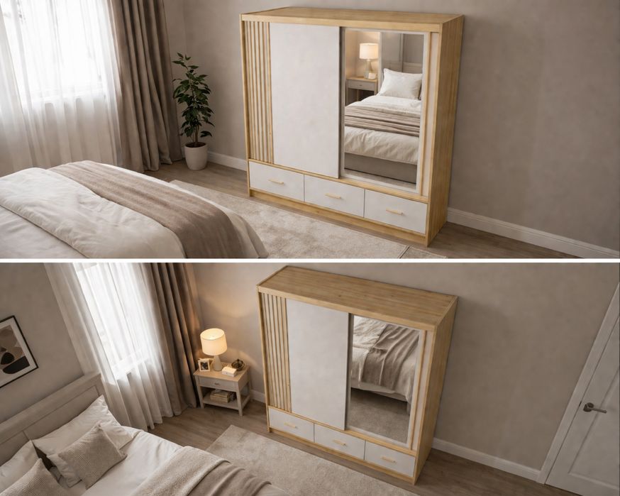 Șifonier modern  ,2 uși glisante + 3 sertare  culoare casmir/insertii lemn