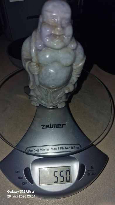 Statuetă Vintage Budai (Buddha cel Vesel) din Jadit Natural Lavandă – 550g, Sculptată Manual cu Inscripție de Prosperitate