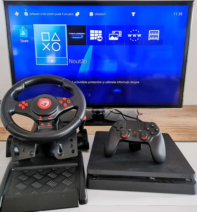 PS4 super slim + volan cu pedale + maneta noua + 5 jocuri