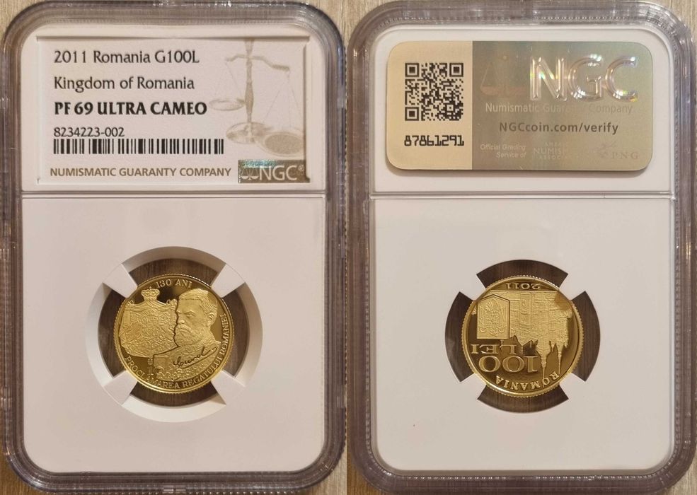 Moneda aur BNR 100 Lei, proclamarea Regatului Rom. gradata NGC PF 69