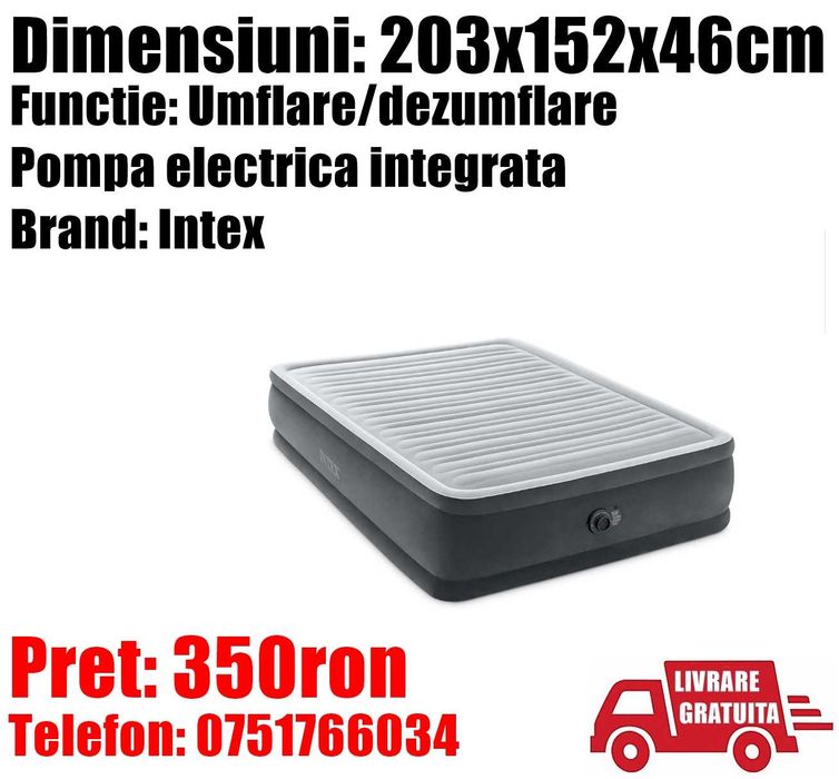 Saltea Pat Gonflabil Intex 2 Persoane Cort Oaspeti Dormit 203x152x46cm