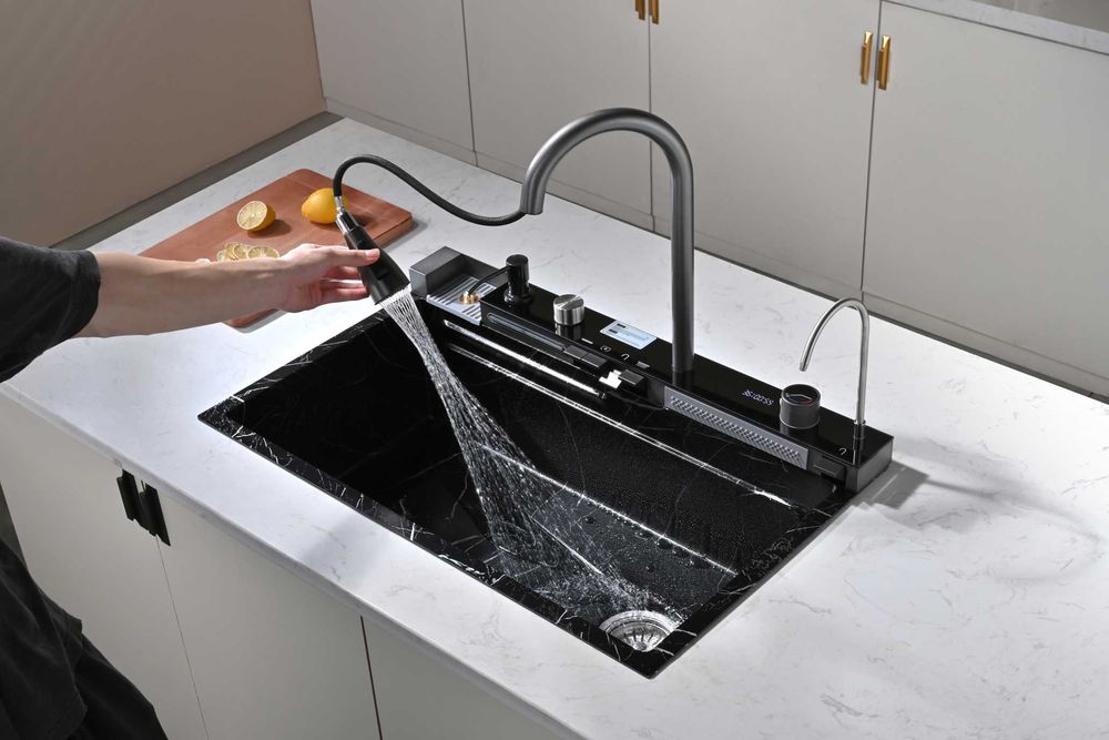 Черен мрамор - Мултифункционална кухненска мивка с двоен водопад