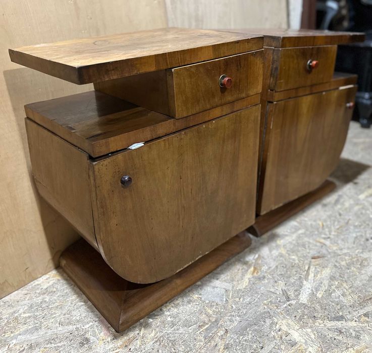 2 buc Noptiera Vintage Stil ArtDeco; Noptiera din Lemn cu usa si sertar