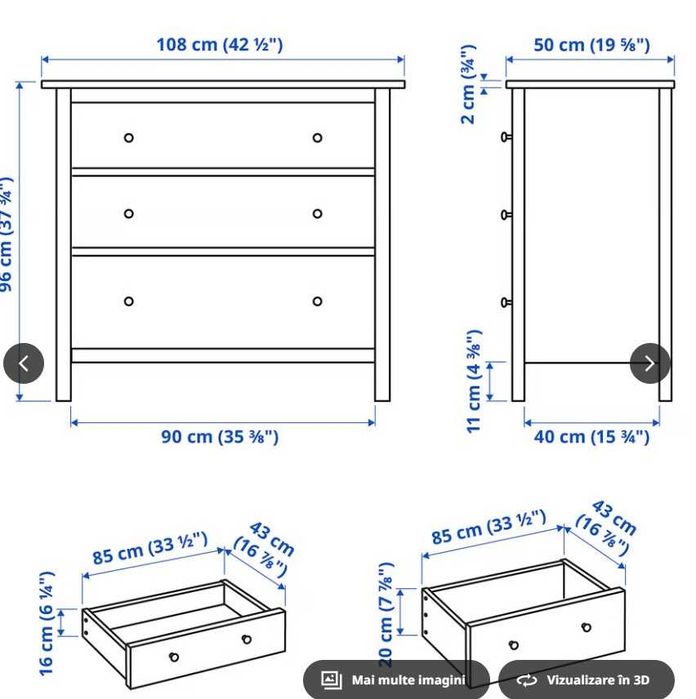 HEMNES Comodă 3 sertare, vopsit alb, 108x96 cm