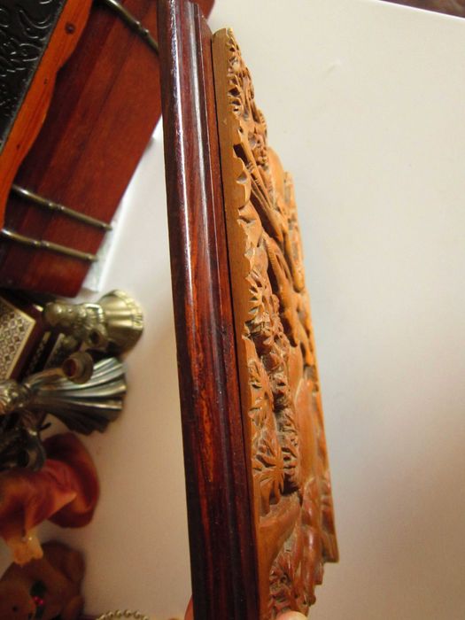 rar Frăția elefantilor tablou 3D sculptura lemn 20,5 x15cm Bali 1980