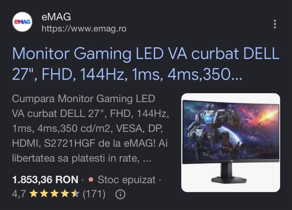 Monitor Gaming LED VA curbat DELL 27", FHD, 144Hz, 1ms, 4ms,350 cd/m2, VESA, DP, HDMI, S2721HGF