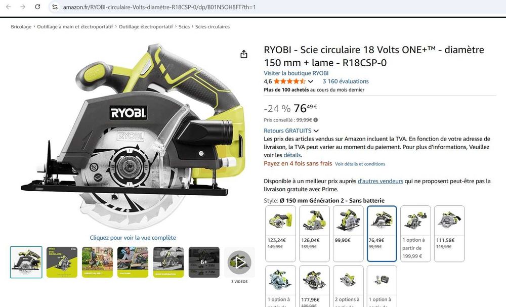 Fierăstrău circular RYOBI R18CSP-0 ONE+ 18 Volți,diametru 150 mm+lamă