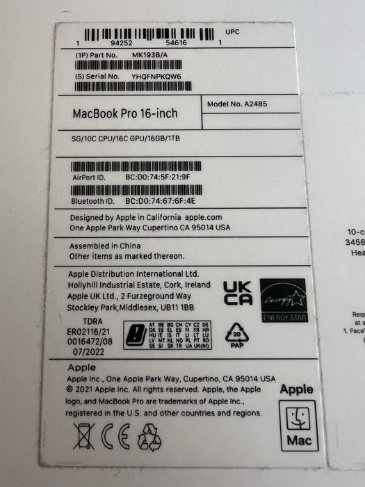 MacBook Pro 16" (2021) M1 Pro/16Gb/1TB SSD