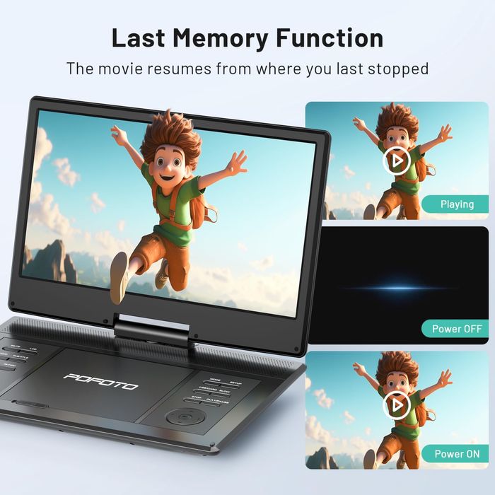 POFOTO 15.7" преносим DVD плейър/14.1" HD въртящ се екран/4000mAh батерия/2 колони/USB/SD/TV/множество видео формати(не поддържа Blu-Ray) черен