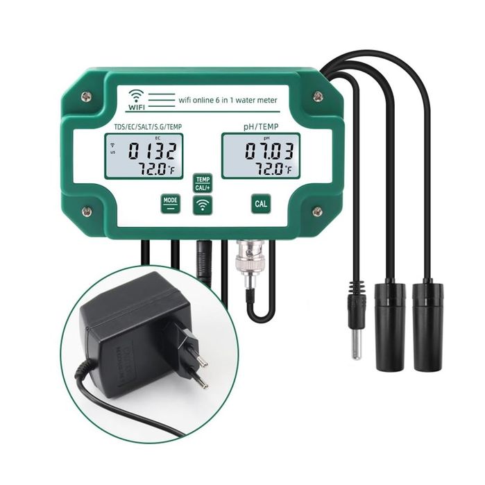 Tester de calitate a apei 6 în 1 WiFi Monitor digital pH/TDS/EC/SG/Sare/Temp - Acvacultură