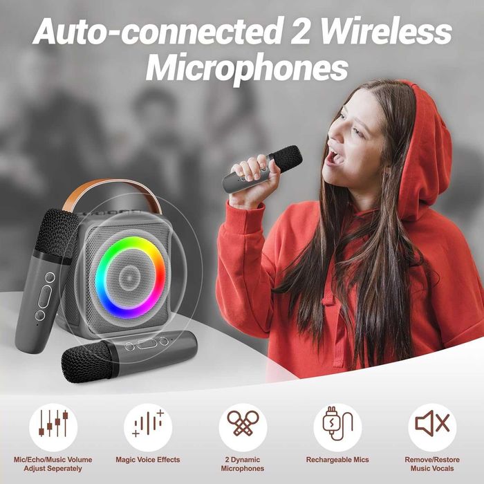 Мини караоке комплект Bluetooth колонка с LED и 2 безжични микрофона