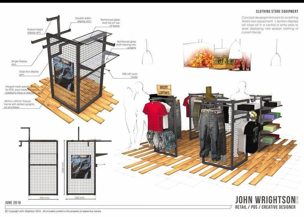 Магазин одежды. Торговые точки. Полки. Вешалки для оодежды