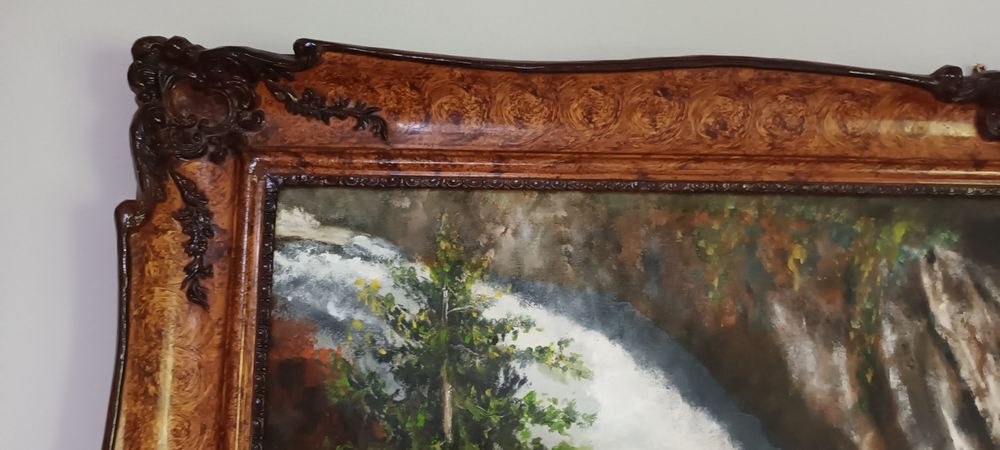 Tablou mare peisaj cu cascadă, semnat Gh. Rusu – Ramă masivă din lemn