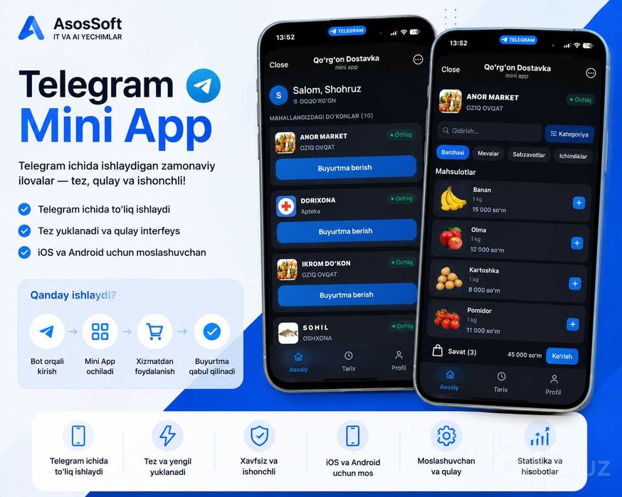Telegram bot yaratish | Mini App | AI bot | CRM | Avtomatlashtirish