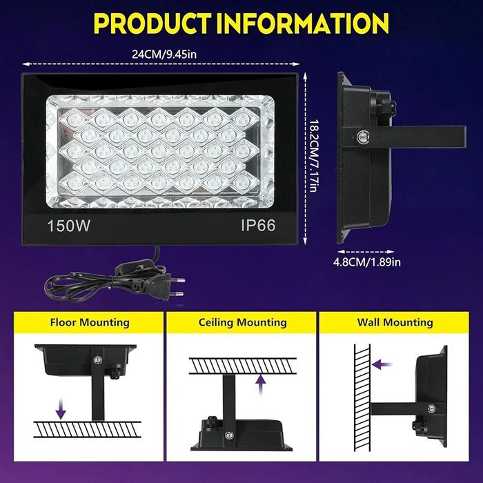 VAYALT 2 Pack 150W 395-405nm Waterproof IP66 UV LED set 2 proiectoare