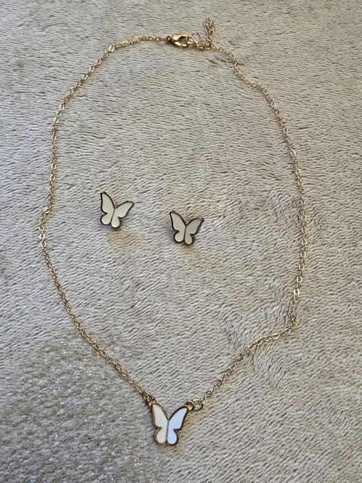 Set cercei + lantisor fluturi albi
