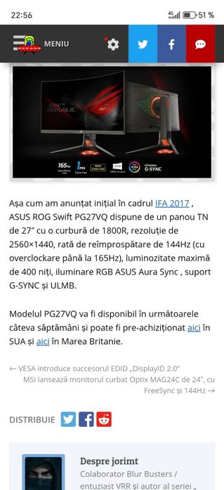 Monitor curbat gaming asus rog Swift