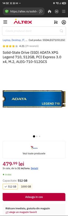 SSD ADATA XPG Legend 710 512GB PCI Express 3.0 x4 M.2 PCIe ALEG-710-512GCS