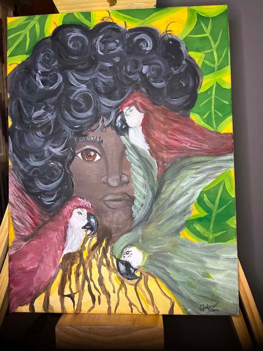 Tablou pictat manual pe panza 30x40 cm - Portret exotic cu papagali