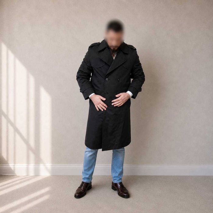 Palton trench militar negru barbati, dublu rând, căptușeală carouri, stil premium, marime L