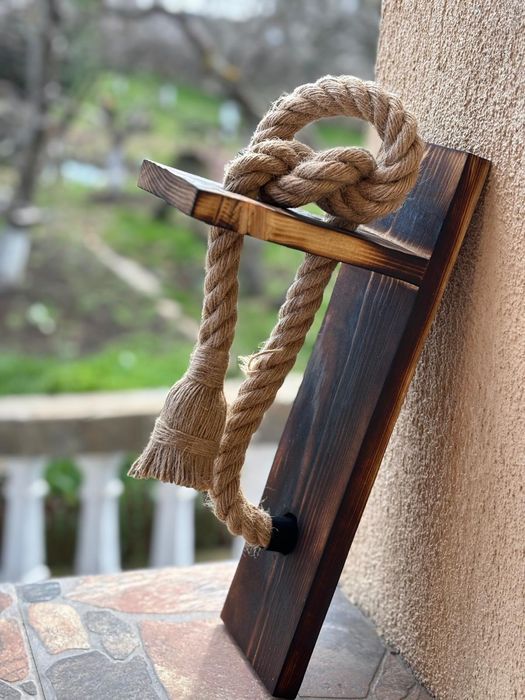 Aplica rustica lemn si funie handmade, finisaj antichizat