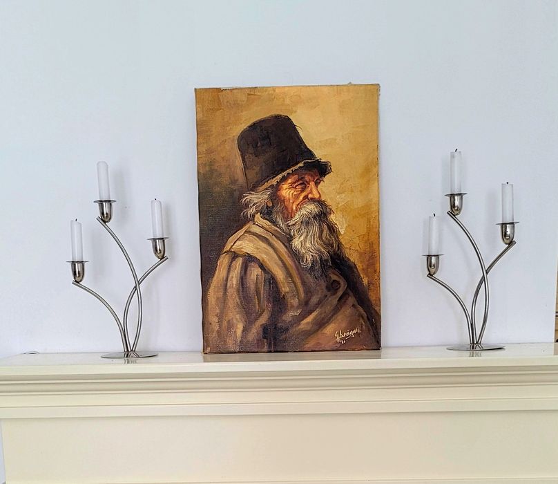 Superb tablou ,,Mos teaca,, ulei panza iuta Gheorghe Drăgan