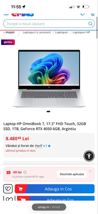 Vand laptop HP OmniBook Ultra7, 17.3” FHD Touch , 32 GB RAM , SSD 2TB