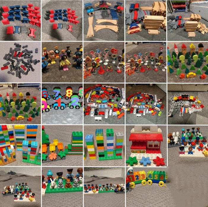 Mega set LEGO Duplo + trenuri lemn + șine (200+ piese) – complet, compatibil