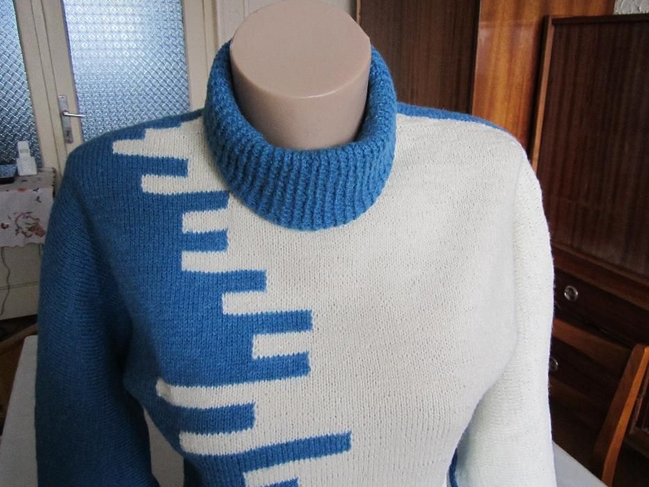 Pulover handmade albastru/alb marime 42/44 + bonus