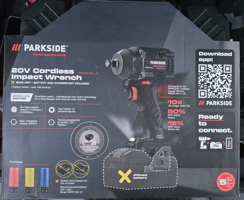 Гаранция! Мощен Ударен Гайковерт Parkside PPDSSA 20-Li A1  600NM