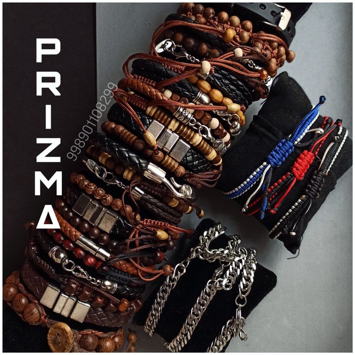 Мужской браслет классика кожзам акрил шнуры дерево.